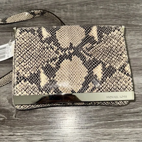 Michael Kors Julian Snake Print Leather‎ Dark Sand Shoulder Flap Brand New - Picture 4 of 7